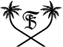 A black and white logo featuring palm trees and the letter 